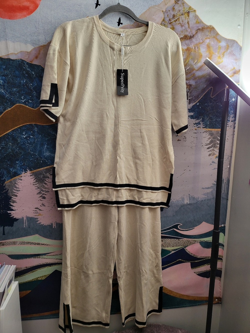 NWT! SuperPrity. Cream Two-Piece Knit Set with Black Trim